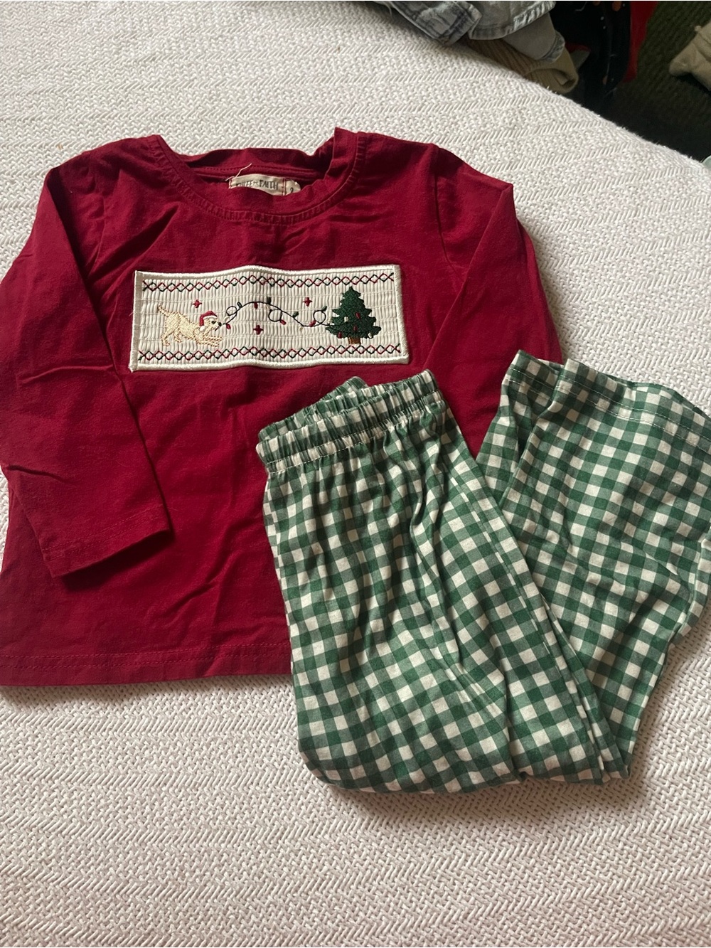Kids Red Holiday Set with Green Plaid Pants